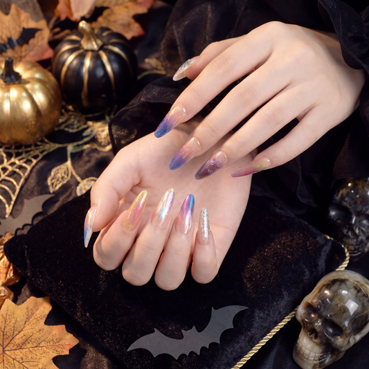 Woman wearing Pisces Zodiac press-on nails with a dreamy Halloween-inspired beauty look.