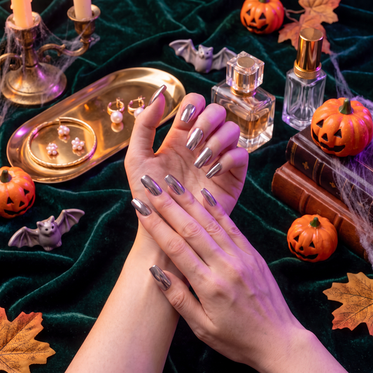 Woman wearing reflective silver chrome press-on nails with a Halloween-inspired outfit.