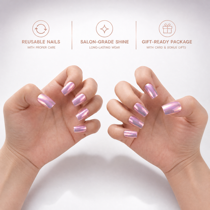 Aurora Pink Nails Gift Set With Heart Bracelet | 30pcs Reusable Press-On Nail Set