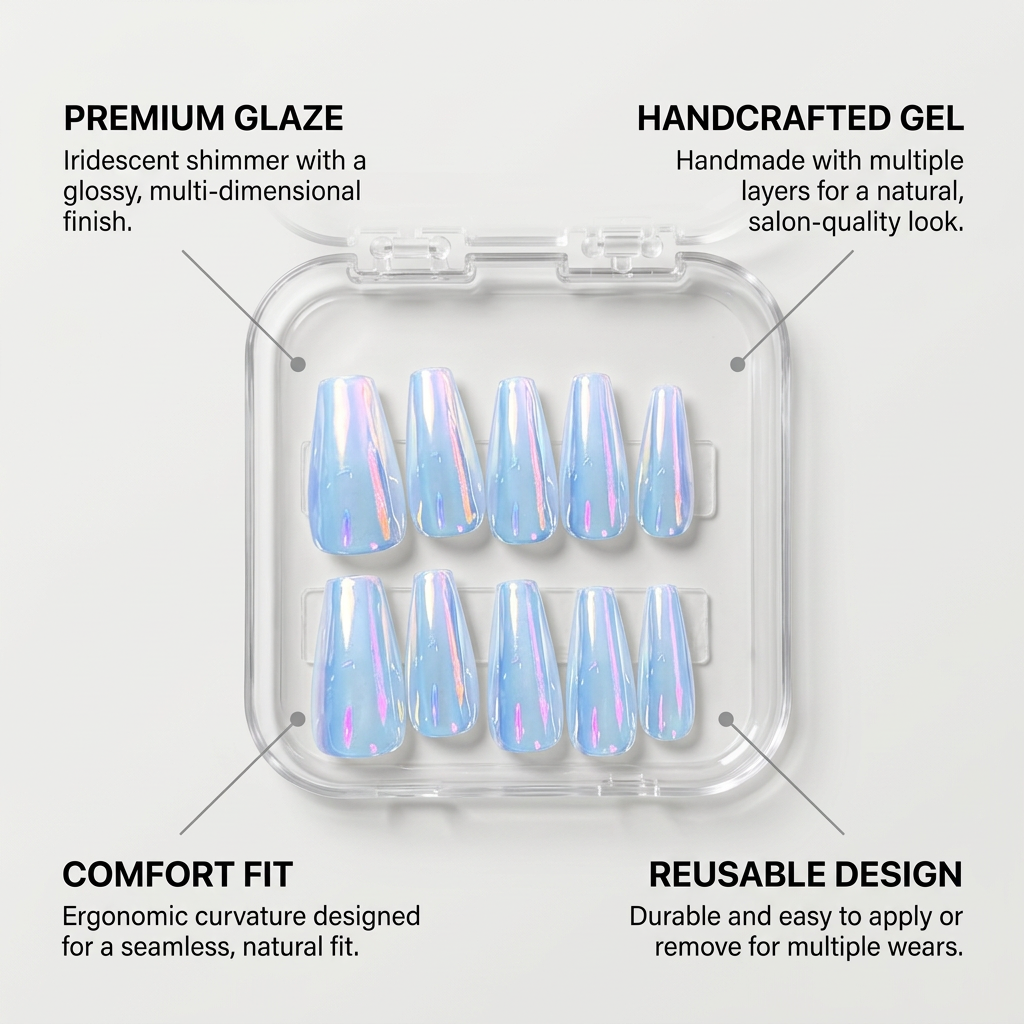Aurora Blue Press-On Nails With Heart Bracelet Gift Set| 30pcs Reusable Nail Set