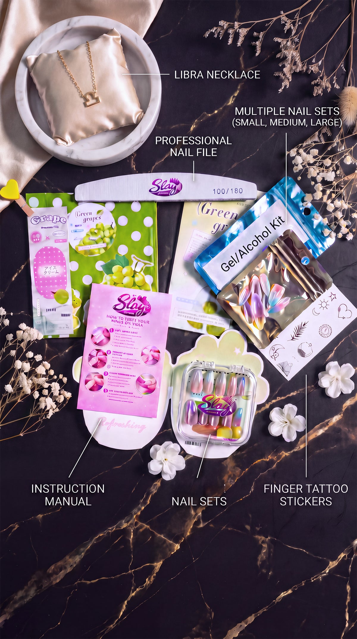 Aries Press-On Nails Gift Set With Aries Necklaces| 30pcs Reusable Zodiac Nail Set
