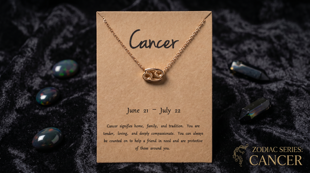 Cancer II Press-On Nails Gift Set With Cancer Necklace | 30pcs Reusable Nude & Gold Zodiac Nail Set