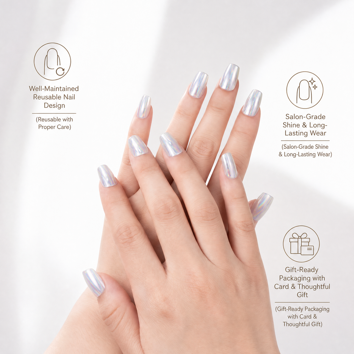 Aurora White Press-On Nails Gift Set with Heart Bracelet | 30pcs Reusable Handmade Nail Set