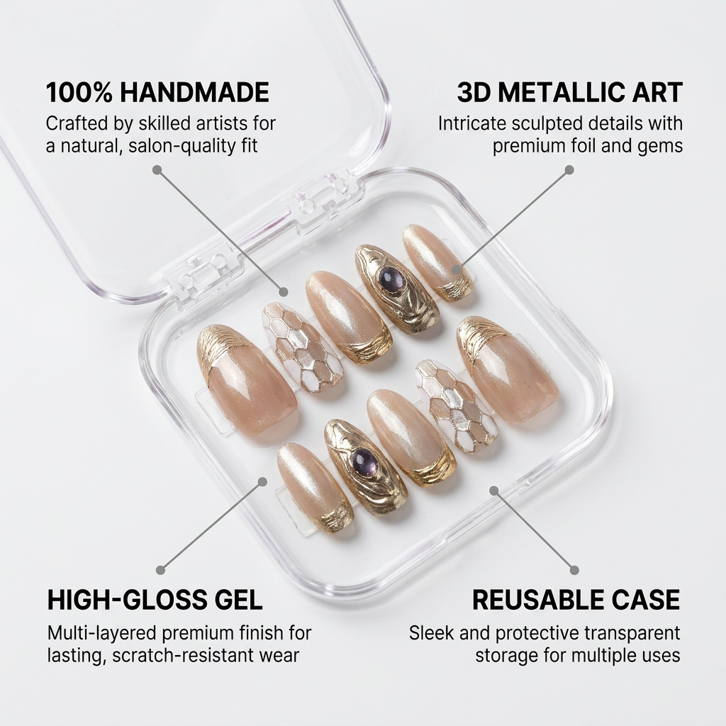 Cancer II Press-On Nails Gift Set With Cancer Necklace | 30pcs Reusable Nude & Gold Zodiac Nail Set
