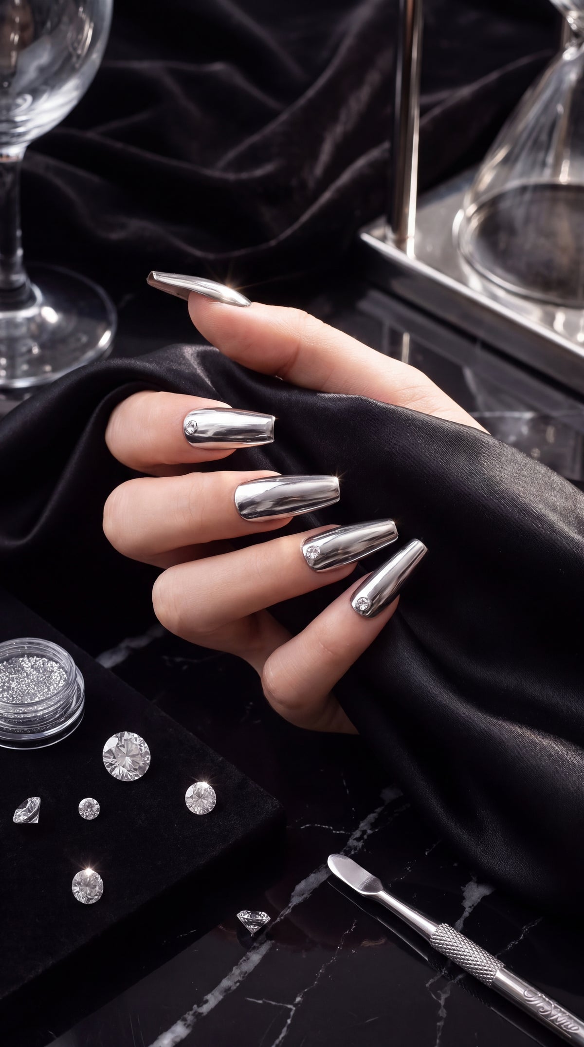 Silver Chrome Press-On Nails with Silver Necklace Gift Set | 30pcs Reusable Nail Set