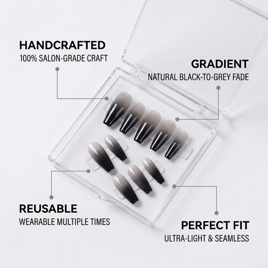 Gemini II Press-On Nails Gift Set with Gemini Nacklace | 30pcs Reusable Gray & White Gradient Nail Set