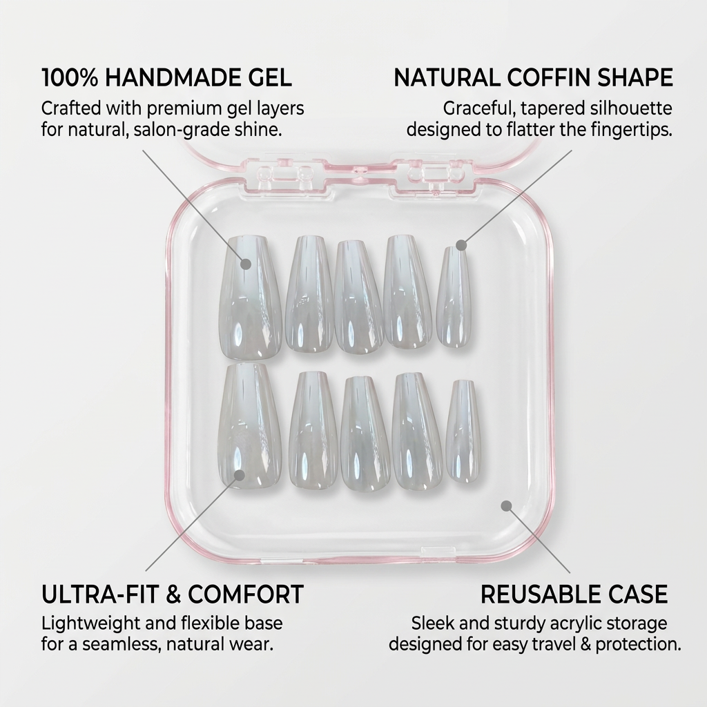 Aurora White Long Press-On Nails Gift Set with Heart Bracelet| 30pcs Reusable Handmade Nail Set