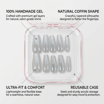 Aurora White Long Press-On Nails Gift Set with Heart Bracelet| 30pcs Reusable Handmade Nail Set