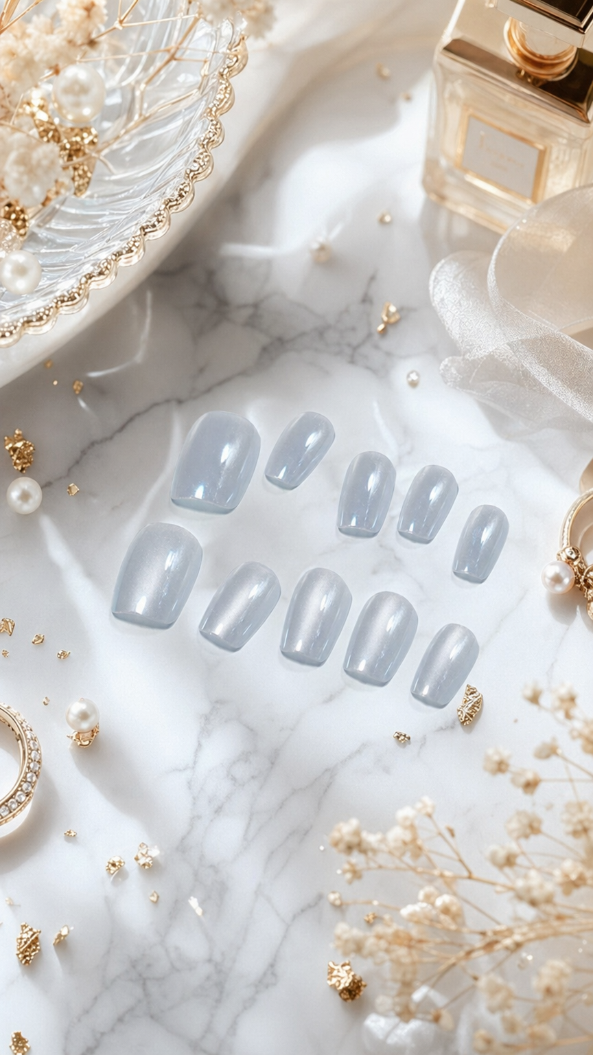 Aurora White Press-On Nails Gift Set with Heart Bracelet | 30pcs Reusable Handmade Nail Set