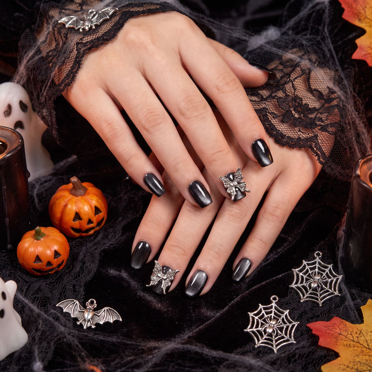 Woman wearing sophisticated Capricorn Zodiac press-on nails with a Halloween-inspired look.