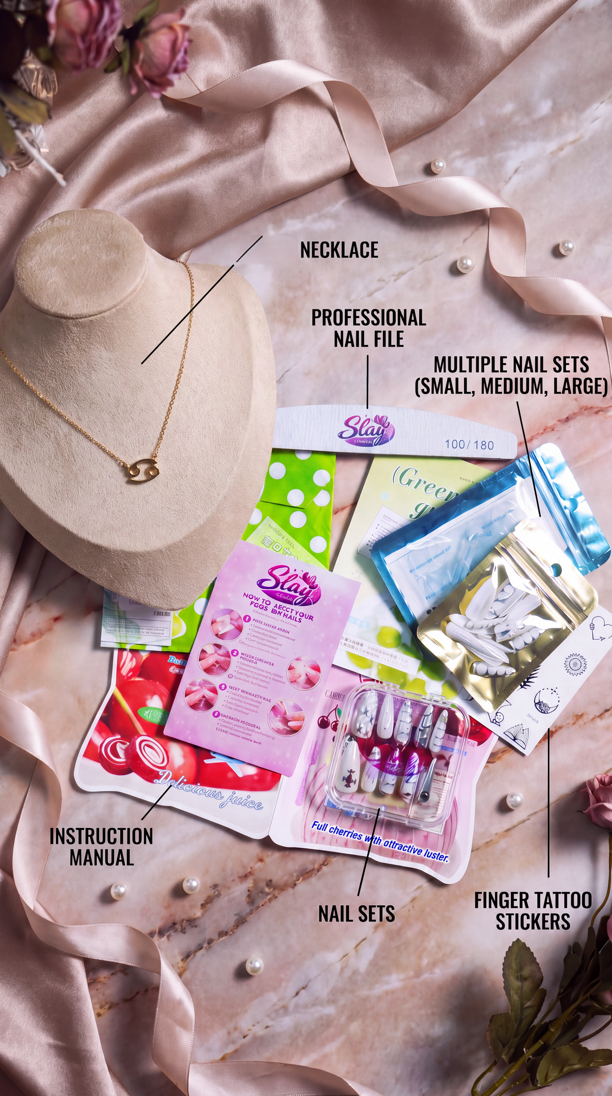 Aries Press-On Nails Gift Set With Aries Necklaces| 30pcs Reusable Zodiac Nail Set