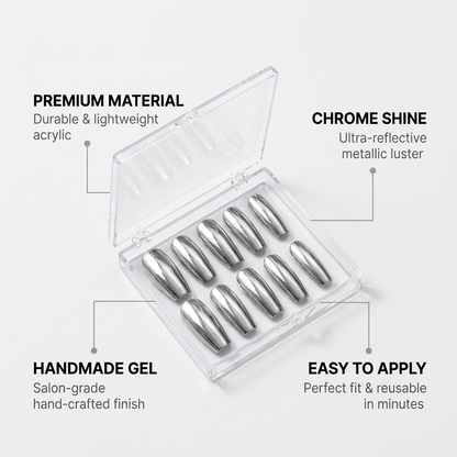 Silver Chrome Press-On Nails with Silver Necklace Gift Set | 30pcs Reusable Nail Set