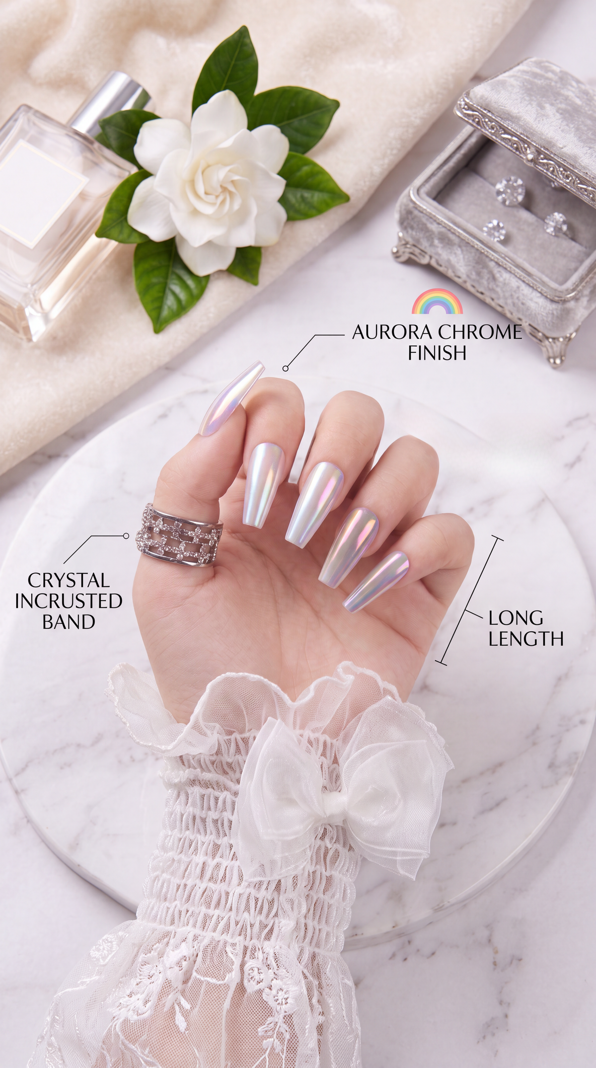 Aurora Blue Press-On Nails With Heart Bracelet Gift Set| 30pcs Reusable Nail Set