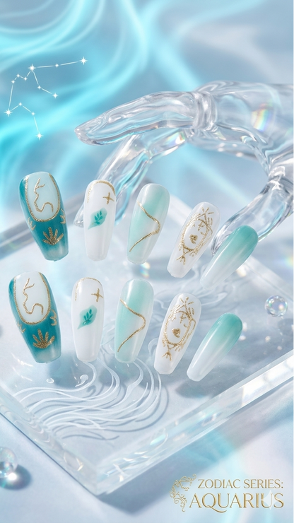 Aquarius Press-On Nails Gift Set with Aquarius Necklace| 30pcs Reusable Zodiac Nail Set