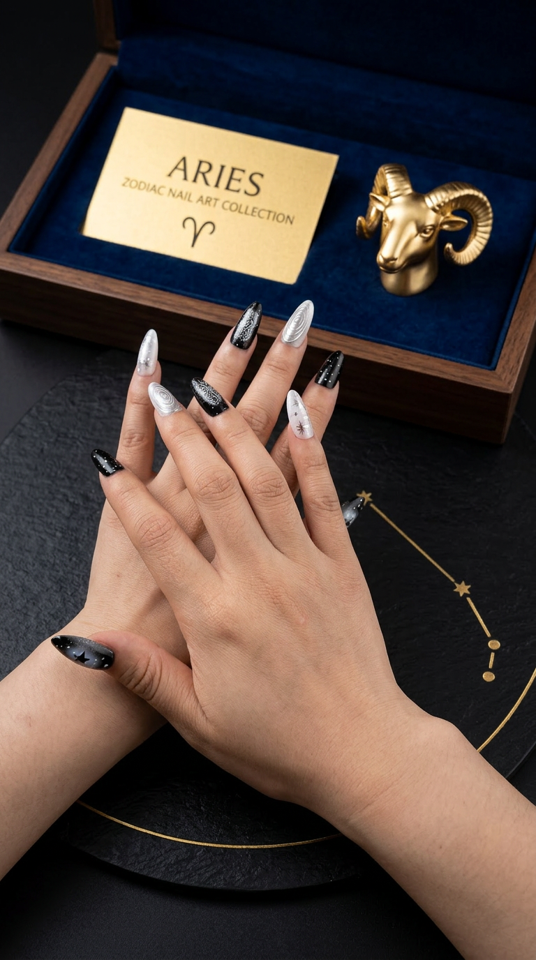 Aries Press-On Nails Gift Set With Aries Necklaces| 30pcs Reusable Zodiac Nail Set
