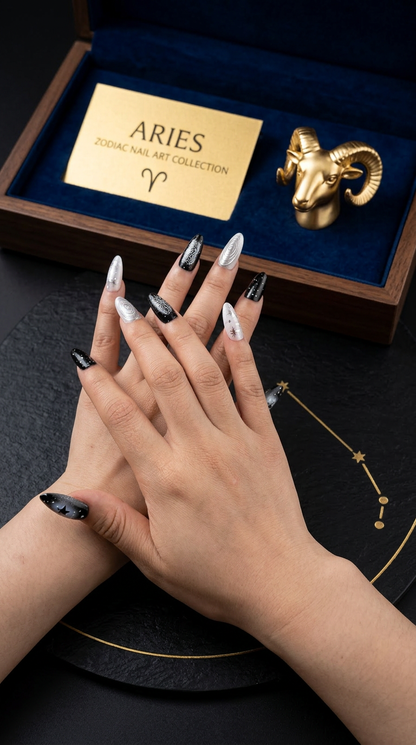 Aries Press-On Nails Gift Set With Aries Necklaces| 30pcs Reusable Zodiac Nail Set